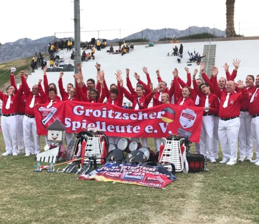 Gelungener WM-Auftritt: Die Groitzscher Spielleute errangen im vergangenen Jahr drei dritte Pl&auml;tze in Palm Springs. Beim diesj&auml;hrigen Musikfest wollen sie die Qualifikation f&uuml;r die n&auml;chstj&auml;hrige Deutsche Meisterschaft perfekt machen.Foto: privat