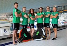 Sie freuen sich schon auf die WM im Juli in Tomsk: Die DHfK-Finswimmer Duncan Gaida, Sidney Zeuner, Elena Poschart, Max Poschart, Justus Mörstedt mit Trainer Lutz Riemann (v.l.). Foto: SC DHfK Leipzig