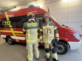 Zwei Feuerwehrkameraden, darunter Danny Zsch&ouml;gner, zeigen die neue Einsatzkleidung. Foto: Stadtverwaltung Schm&ouml;lln