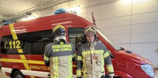 Zwei Feuerwehrkameraden, darunter Danny Zschögner, zeigen die neue Einsatzkleidung. Foto: Stadtverwaltung Schmölln