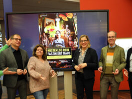 Pressekonferenz zum Thema Besucherbefragung und Entgeltfreiheit in den St&auml;dtischen Museen in Leipzig.v.l. Ronny Maik Leder, Anselm Hartinger, Leontine Meijer-van Mensch, Skadi Jennicke, Stefan Weppelmann und Thomas Pessara. Foto: Andr&eacute; Kempner