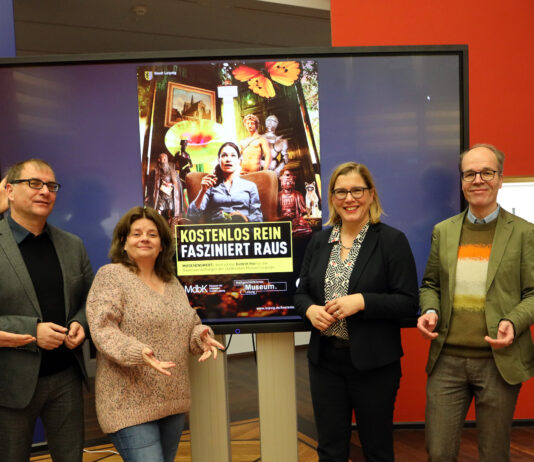 Pressekonferenz zum Thema Besucherbefragung und Entgeltfreiheit in den St&auml;dtischen Museen in Leipzig.v.l. Ronny Maik Leder, Anselm Hartinger, Leontine Meijer-van Mensch, Skadi Jennicke, Stefan Weppelmann und Thomas Pessara. Foto: Andr&eacute; Kempner