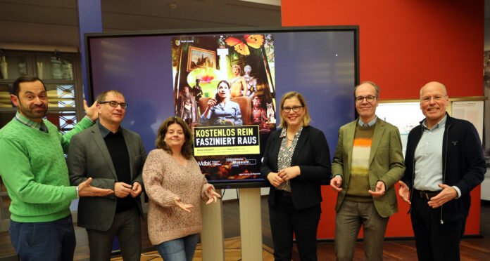 Pressekonferenz zum Thema Besucherbefragung und Entgeltfreiheit in den St&auml;dtischen Museen in Leipzig.v.l. Ronny Maik Leder, Anselm Hartinger, Leontine Meijer-van Mensch, Skadi Jennicke, Stefan Weppelmann und Thomas Pessara. Foto: Andr&eacute; Kempner