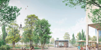 Die Westhälfte vom Wilhelm-Leuschner-Platz soll komplett entsiegelt und begrünt werden, auch Sumpfmulden und Naturgärten unter hohen Bäumen erhalten. Grafik: Atelier Loidl