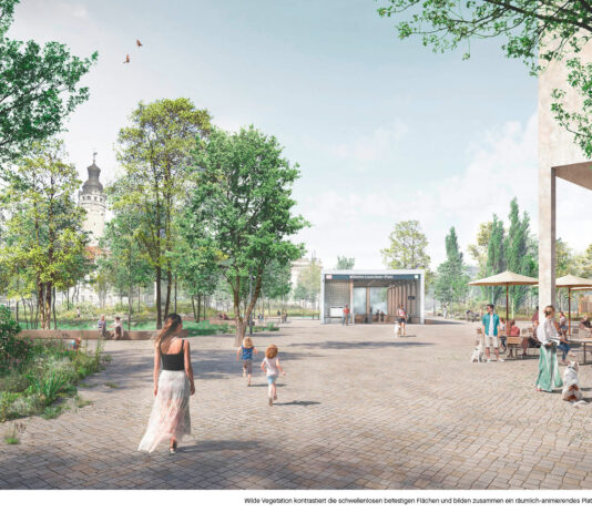 Die Westh&auml;lfte vom Wilhelm-Leuschner-Platz soll komplett entsiegelt und begr&uuml;nt werden, auch Sumpfmulden und Naturg&auml;rten unter hohen B&auml;umen erhalten. Grafik: Atelier Loidl