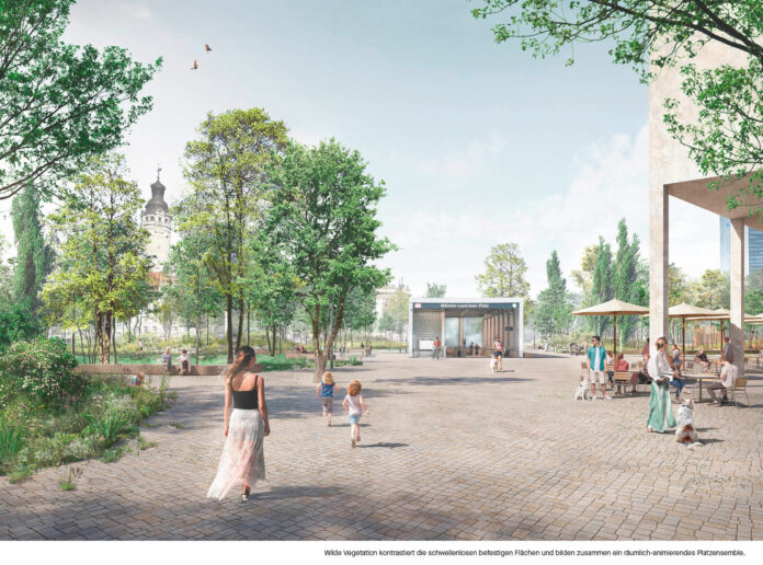 164-fra-WLP-Gr__n Die Westhälfte vom Wilhelm-Leuschner-Platz soll komplett entsiegelt und begrünt werden, auch Sumpfmulden und Naturgärten unter hohen Bäumen erhalten. Grafik: Atelier Loidl