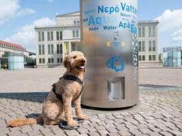 Bietet auch Erfrischendes f&uuml;r den Hund: Der neue Riesenbrunnen "Brunno". Foto: Leipziger Gruppe