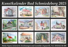 Heike Nyari brachte zwölf Motive aus Bad Schmiedeberg für ihren ersten Monatskalender mit Tusche, Pastellkreide und Aquarellfarbe zu Papier. Foto: Heike Nyari