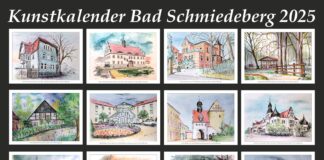 Heike Nyari brachte zwölf Motive aus Bad Schmiedeberg für ihren ersten Monatskalender mit Tusche, Pastellkreide und Aquarellfarbe zu Papier. Foto: Heike Nyari
