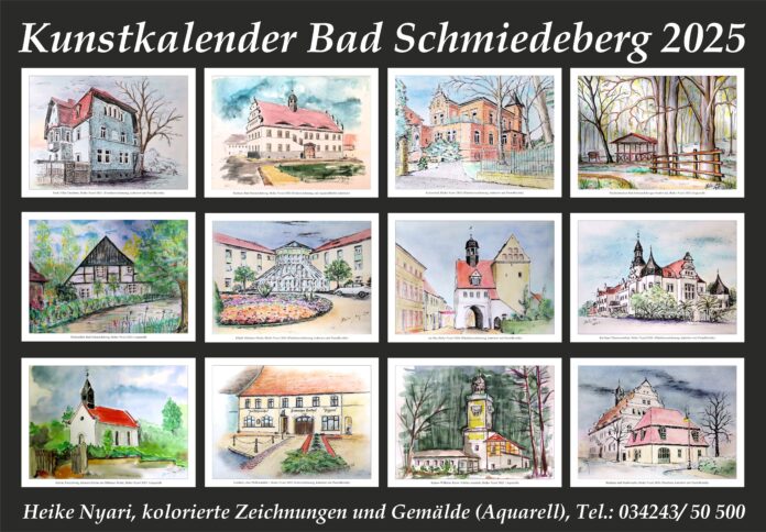 12er_Seite_f__r_Rahmen_A3 Heike Nyari brachte zwölf Motive aus Bad Schmiedeberg für ihren ersten Monatskalender mit Tusche, Pastellkreide und Aquarellfarbe zu Papier. Foto: Heike Nyari