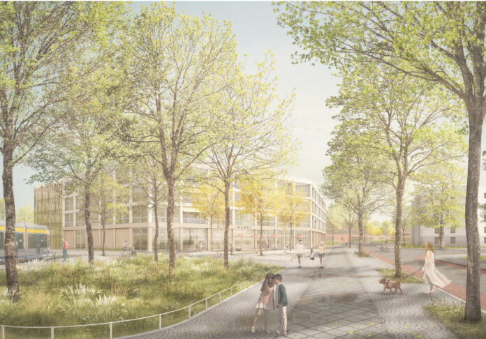 749-fra-Bahnbogen-Sieger Der künftige Innovationscampus mit dem alten Straßenbahnhof soll gemäß dem Siegerentwurf in eine grüne Parklandschaft eingebettet werden. Grafik: Jens Rometsch