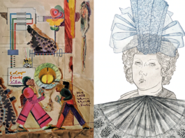 Die Collage von Johannes Eckardt (l.) tr&auml;gt den Titel "Farbe", daneben ist eine unbetitelte Radierung von Tim von Veh zu sehen. Repro: Rathausgalerie Grimm