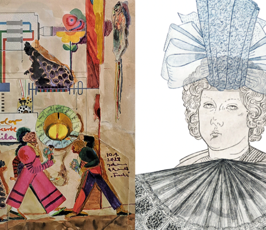 Die Collage von Johannes Eckardt (l.) tr&auml;gt den Titel "Farbe", daneben ist eine unbetitelte Radierung von Tim von Veh zu sehen. Repro: Rathausgalerie Grimm