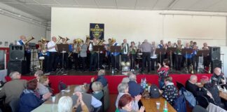 Zum Jubiläum spielten die "Original Presseler Fichtbergmusikanten" gemeinsam mit Gastkapellen aus Authausen, Schöna und Großhartmannsdorf im Gerätehaus der örtlichen Feuerwehr auf. Für das schwungvolle Konzert ernteten die Musikerinnen und Musiker begeisterten Applaus. Foto: Manuel Karschau