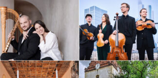 Am 24. August sorgt das Duo Duor gemeinsam mit dem Eliot Quartett für Klangzauber in der Evangelischen Kirche Löbnitz, unter deren Dach sich einer der bedeutendsten Sakralräume Mitteldeutschlands befindet. Foto-Collage: Veranstalter