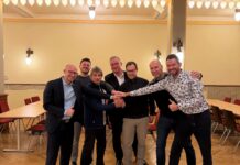 Marcel Buchta, Oberbürgermeister von Wurzen, René Schober, Geschäftsführer des Kreissportbundes Landkreis Leipzig, Uwe Rosenberg von der Laufgemeinschaft Grimma, Stefan Müller, Bürgermeister von Trebsen, Tino Kießig, Oberbürgermeister von Grimma) sowie Ronny Winkler und Sven Körbs von der Sportagentur maximalPuls (v.l.n.r.) bei der Vorstellung der Neuausrichtung der Lauf-Events. Foto: Sebastian Bachran