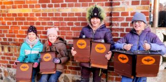 Stolz pr&auml;sentieren die Behlitzer Natursch&uuml;tzer ihre neue Fledermausk&auml;sten. Insgesamt 16 haben sie von Hand gebaut. Foto: Behlitzer Naturschutzjugend