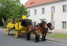 Die Postkutsche neben der M&uuml;gelner Postmeilens&auml;ule im Mai 2025. Zum Jubil&auml;umsfest am 3. Mai sollen vier der &bdquo;Gelben Wagen&ldquo; in M&uuml;geln zusammentreffen. Foto: Jan Seelig