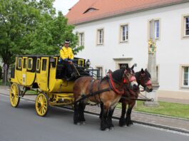 Die Postkutsche neben der M&uuml;gelner Postmeilens&auml;ule im Mai 2025. Zum Jubil&auml;umsfest am 3. Mai sollen vier der &bdquo;Gelben Wagen&ldquo; in M&uuml;geln zusammentreffen. Foto: Jan Seelig