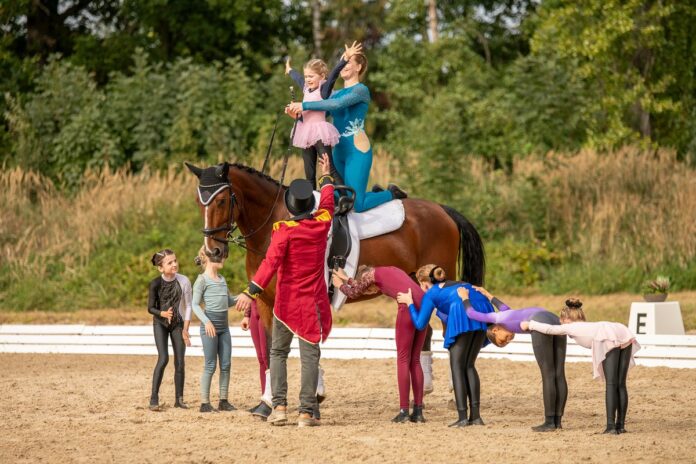 Auftritt des Teams Pegasus: Die Nachwuchsvoltigiererinnen pr&auml;sentieren ihre K&uuml;ren auch als Showerlebnis auf Festen und Reitturnieren. Foto: Team Pegaus