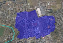 Der Geltungsbereich der Allgemeinverf&uuml;gung (blau) mit den beiden Betriebsteilen der ehemaligen Chemischen Reinigung in Delitzsch (orange). Im Bild links der Lober (hellblau). Grafik: LRA