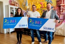 Zwei F&ouml;rderschecks hatte Stephan Masch von der Deutschen Fernsehlotterie beim Besuch in Leipzig dabei - sehr zur Freude von Diana Lorenz und Mikhail Vachtchenko vom Integrationsverein Leipzig-Br&uuml;cke. Foto: Max Th&uuml;mmel