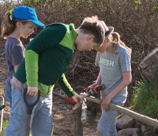 Teamarbeit mit Werkzeug: F&uuml;r den Zaun wird ges&auml;gt, gebohrt und pr&auml;zise gearbeitet. Foto: privat