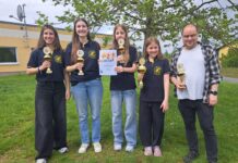 v.l.: Sophia Scheiding, Gabriela Ignatova, Victoria Sniegowski und Amalia Sniegowski gemeinsam mit Trainer und Schach-AG-Leiter Frank Gro&szlig;e. Foto: PM
