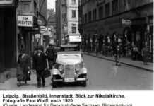 Einen Blick auf s&auml;chsische Denkmale in Vergangenheit und Gegenwart &ouml;ffnet eine neue Ausstellung im Druckkunstmuseum - wie hier auf den Turm der Nikolaikirche aus dem Jahr 1939. Foto: Paul Wolff