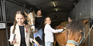 Die Pflege im Stall geh&ouml;rt zum Pferdesport dazu. Alexandra, Elina und Anandra (v.li.) wissen das sehr wohl. Auch eine kleine Geldspendebox hat Alexandra gebastelt und sogar erste Spenden eingesammelt. Foto: Thomas Kube