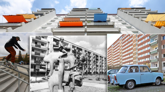 Leipzigs Trabantenvorstadt Grünau wird in diesem Jahr 50 Jahre alt. Collage: dpa / André Kempner Leipzigs Trabantenvorstadt Grünau wird in diesem Jahr 50 Jahre alt. Collage: dpa / André Kempner