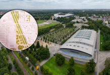 Das Gel&auml;nde rund um die Quarterback Immobilien Arena soll gro&szlig;fl&auml;chig &uuml;berarbeitet werden. Die Planungen sehen unter anderem den Bau einer Ballsporthalle sowie eines Parkhauses vor. Grafik: Wolfgang Sens / Christian Modla (Montage: ahr)