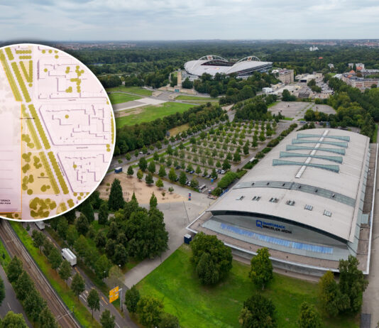 Das Gel&auml;nde rund um die Quarterback Immobilien Arena soll gro&szlig;fl&auml;chig &uuml;berarbeitet werden. Die Planungen sehen unter anderem den Bau einer Ballsporthalle sowie eines Parkhauses vor. Grafik: Wolfgang Sens / Christian Modla (Montage: ahr)